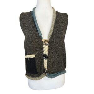 Ani Barrie Vintage Knit Vest Button Front Multicolor Artsy Cotton Sz S Womans